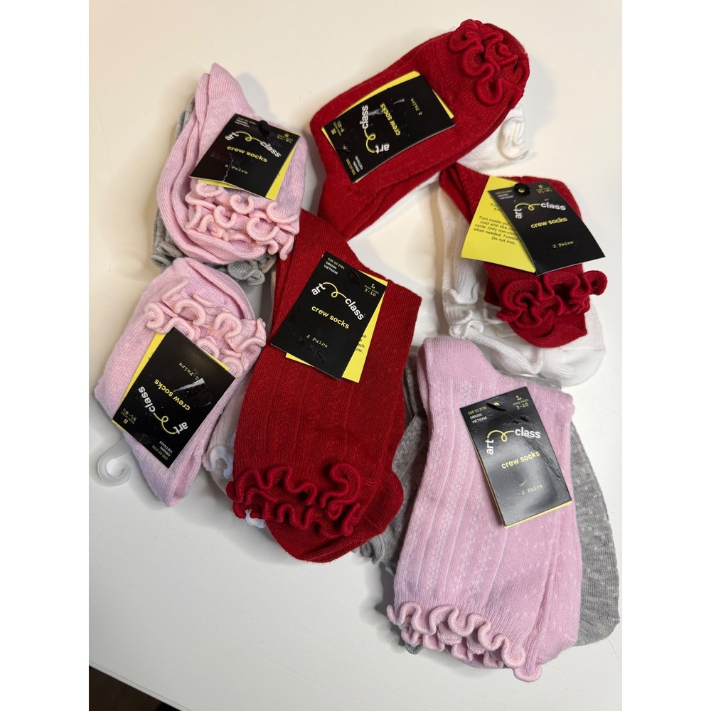 Art Class Kids Ruffle Crew Socks 12 Pair Bundle Pointelle Knit Red Pink White